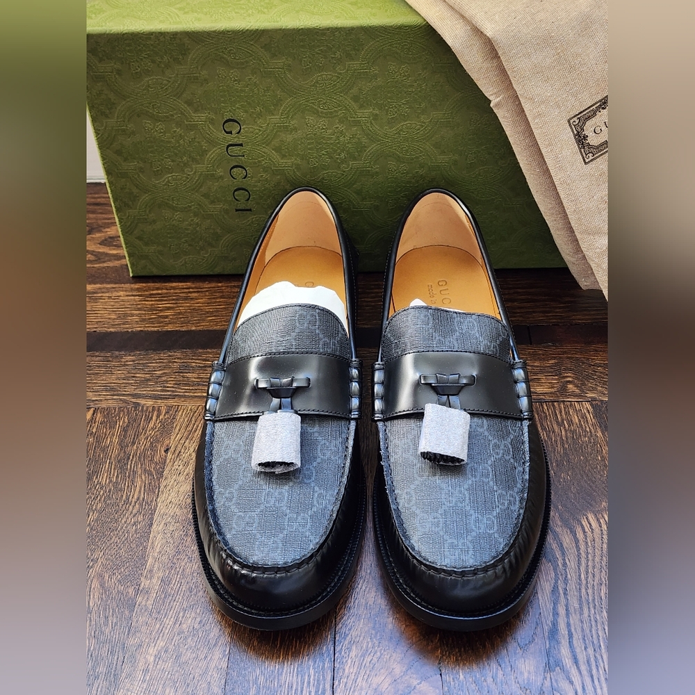 $950 Brand New Gucci GG Supreme Men's Black Leather Loafers Tassel G 13 US 13.5